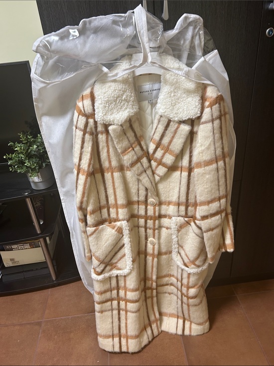 Petite Studio Jackets & Blazers - Petite Studio Cream & Tan Plaid Trench Coat with Sherpa Collar